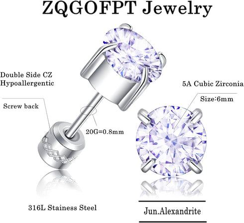 Titanium Flat Back Surgical Stainless Steel Stud Earrings for Women Men,Birthstone Stud Earrings Hypoallergenic Double Side 5A Cubic Zirconia Stud...