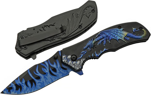 SZCO Supplies 8” Blue Dragon Decaled Liner Lock Folding Knife with Pocket Clip...