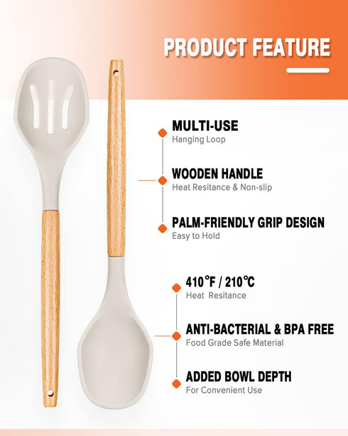 Large Silicone Cooking Spoons, 2 Pack Nonstick Solid and Slotted Wooden handle Spoon Set, Heat Resistan Silicone Kitchen Spoons for Cooking, Servi...