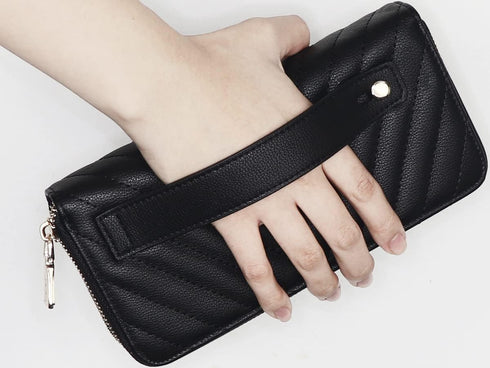 B BRENTANO Vegan Leather Double Zipper Pocket Wallet with Grip Hand Strap (Chevron Embroidered Black)...