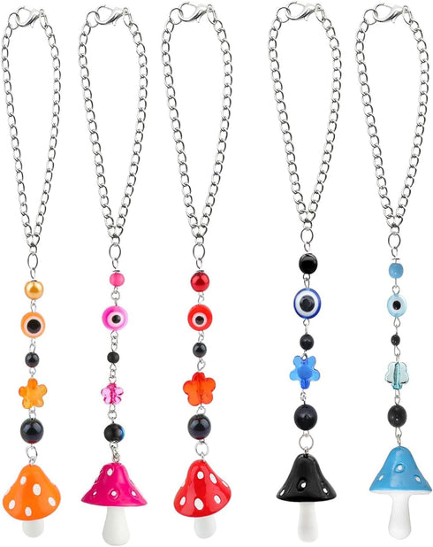 5 Pack Car Evil Eye Beaded Charms Car Hanging Accessories, Car Hanging Ornament Rear View Mirror Pendant Mushroom Mirror Hanging Car Interior Acce...