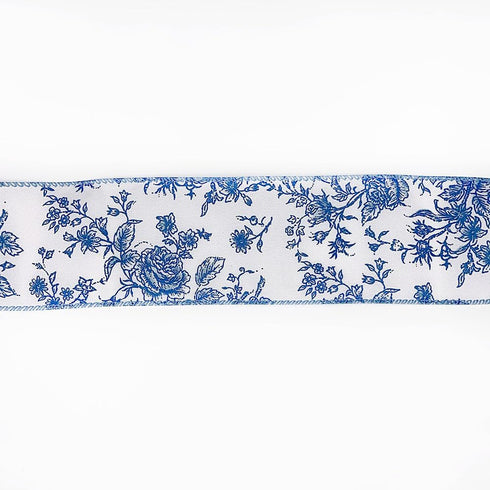Designer’s Shop WR 63-5156 Blue Rose Floral on Cream Wired Edge Ribbon 2.5” x 10 Yard for DIY Crafting, Home Décor...