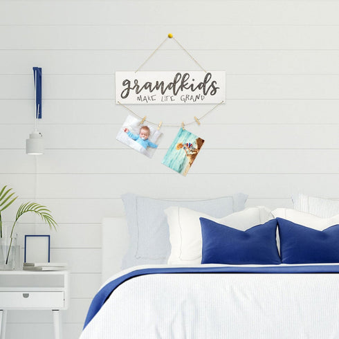 Garneck Grandkids Photo Frame Mini Wooden Hanging Wall Board DIY Listing Note Clips Crafts Grandma's Picture Board Frame with Wooden Clips and Rou...