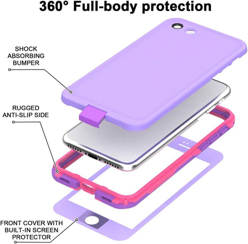 iPhone SE 2020 / iPhone 8 Waterproof Case, IP68 Full-Body Sturdy, Built-in Screen Protector, Shockproof - Purple...