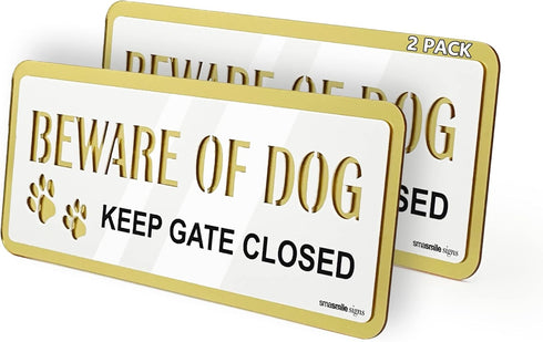 Beware of Dog Signs for Fence 2 Pack 7.9" x 3.1" Double Layer Gold with White Acrylic Dog Sign for Fence Beware of Warning Signs, Include Adhesive...