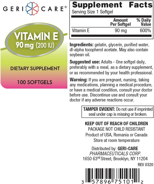 GeriCare Vitamin E Supplement, 200 IU Softgels (100 per Bottle)...