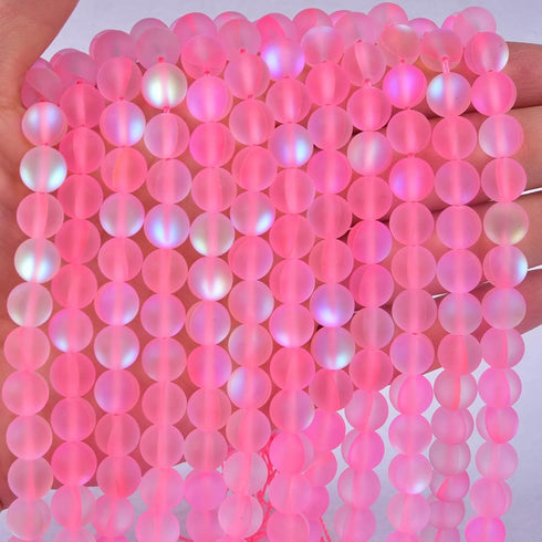48PCS 8mm Natural Light Pink Mystic Aura Quartz Gemstone Frosted Matte Titanium Round Loose Spacer Beads 15 inch Full Strand Crystal Healing Power...