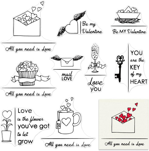 Valentines Love Message Words Clear Stamps for Card Making, Cup Boat Flowers Transparent Stamps Heart Letters Rubber Stamps for Scrapbooking DIY C...