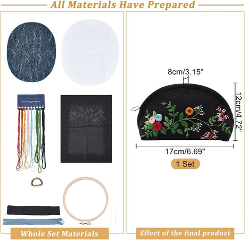 WADORN DIY Embroidery Coin Purse Kit, Handmade Embroidery Crescent Bag Cross Stitch Kit with Instruction Flower Pattern 6.7×4.7 Inch Needlework Se...