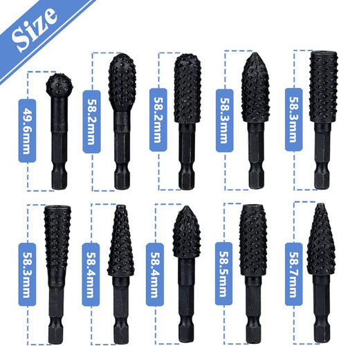 Mesee 10 Pieces Rotary Burr Rasp Set, 1/4 Inch Hex Shank Quick Change Wood Carving Drill Bits Carbon Steel File Rasp DIY Woodworking Tool for Wood...
