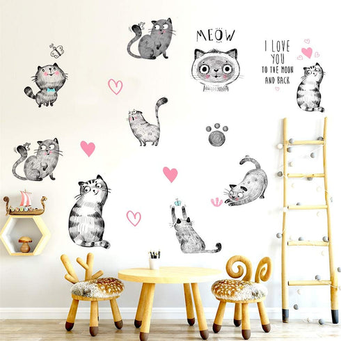Cartoon Cats Wall Decals - MAIYU 9 Cute Kittens with Butterfly Heart Paw Print Wall Stickers for Kids Bedroom Living Room Nursery Home Decorations...