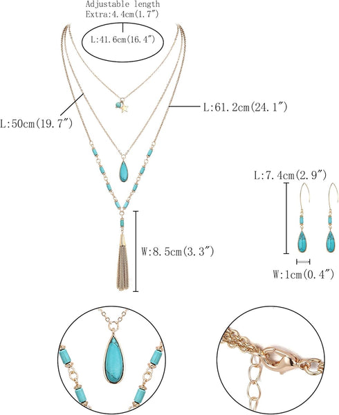 Bohemian Jewelry for Women, Turquoise Necklace for women, Layered Necklaces Dangle Earrings Turquoise Jewelry Set...