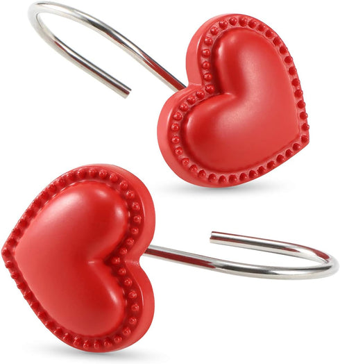 CHICTIE Red Heart Shower Curtain Hooks Rings,Set of 12 Decorative Shower Curtain Hooks,Valentines Day Stainless Steel Rust Resistant Shower Rings ...