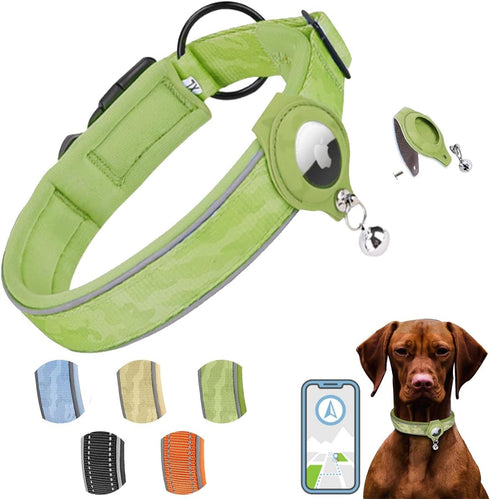 Reflective AirTag Dog Collar, Heavy Duty Padded Puppy Collar with AirTag Holder, Adjustable Air Tag Pet Collar for Small Medium Large Dogs, green,...