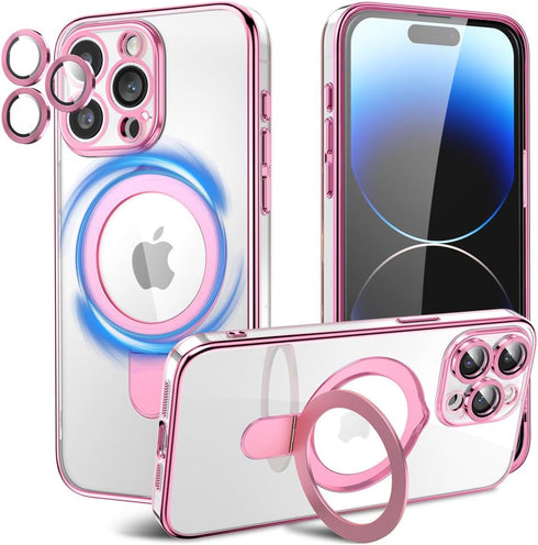 Compatible with Magsafe iPhone 15 Case, Luxury Stand Cover with Full Lens Protector Soft TPU Shockproof Protective Sturdy Kickstand Transparent Ca...