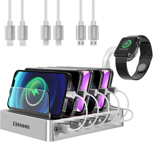 COSOOS Fastest Charging Station with QC 3.0, 63W 6-Port USB Charging Station for Multiple Devices with 6 Mixed Short Cables & lWatch Stand,Multi C...