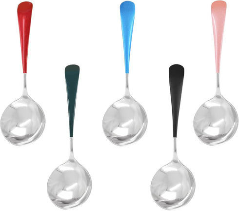 Soup Spoons Stainless Steel, Colourful Round Spoons Modern Thick Short handle Korean Dinner Spoons, Sliver Metal Spoon for Soup, Dessert, Grain, C...