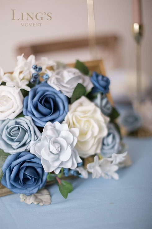 Ling's Moment Flowers 25pcs Fake Gardenia Blue Flowers Artificial Flowers with Stem, Fake Flowers for DIY Wedding Decorations Centerpieces Bouquet...
