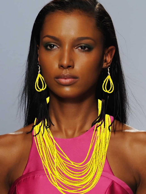 African Bead Necklace Earring Sets Yellow Bib Seed Statement Chunky Collar Multi Strand Boho Jewelry Accessories for Women...