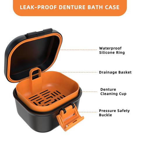 ARGOMAX Leak Proof Denture Bath Cup, Portable Soaking Denture Box, Denture Bath Case with Strainer, for Dentures and Braces (Black + Orange)....