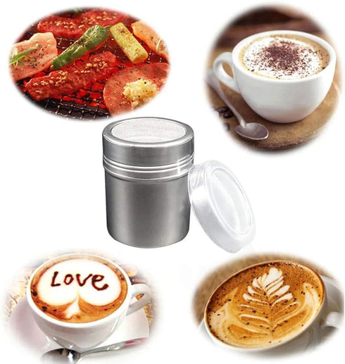 2Pcs Sugar Shaker Stainless Chocolate Shaker Cocoa Flour Icing Sugar Powder Coffee Sifter Lid Shaker+16Pcs Coffee Stencils Template Duster Spray...