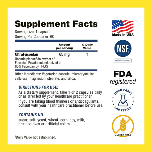 Fucoidan Supplement 65mg 60 Capsules, Brown Seaweed Extract Acts as Antioxidant for Gut Health, Cardiovascular Health and Immune Support, Made in ...