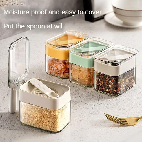 Condiment Jar Spice Container, Sugar and salt container set?Glass Seasoning Box with Spoon Dustproof Lid and Handle,for Kitchen, Counter,Food Stor...