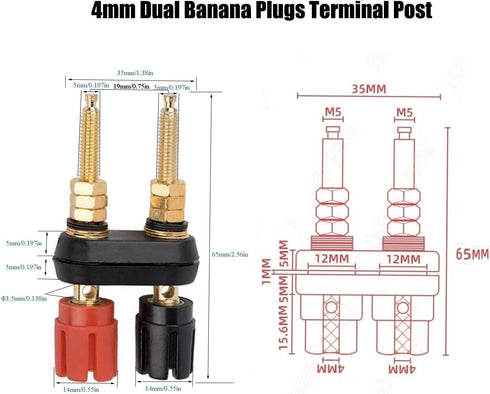 4Pcs Banana Jack Plugs Brass Long Threaded Binding Post Speaker Connectors Terminal 2 Way Dual 4mm Banana Plug Female Sockets for Speakers or Ampl...