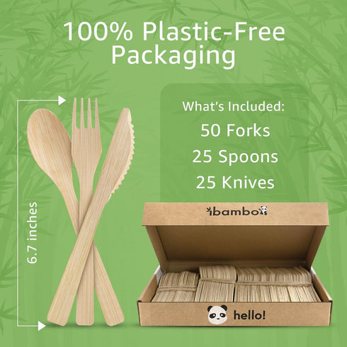 Bamboo Cutlery Set - 100 Biodegradable Utensils (50 Forks, 25 Spoons, 25 Knives) | Reusable or Disposable Bamboo Flatware | Compostable Eco-Friend...