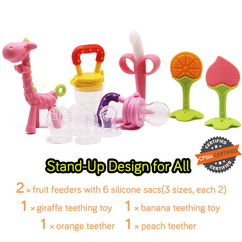Stand-Up Teething Toys for Babies 0-6 Months 6-12 Months - Teethers with 2 × Baby Fruit Feeders and 4 × Baby Teether - BPA Free/Freezer Free - Dif...