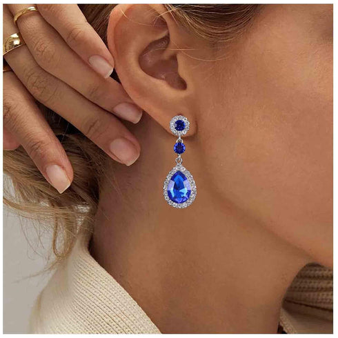 Vintage Sapphire Crystal Drop Earrings Waterdrop Sapphire Earrings Silver Teardrop Blue Rhinestone Earrings Blue Cz Bridal Earrings Jewelry for Wo...