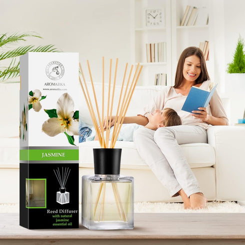Jasmine Reed Diffuser w/Natural Essential Jasmine Oil 6.8 Fl Oz - Fresh & Long Lasting Fragrance - Scented Reed Diffuser - Gift Set w/Bamboo Stick...