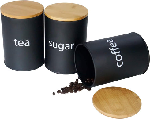 SOTECH Metal Food Storage Jar Farmhouse Coffee Canisters with Bamboo Lids,Black Kitchen Canisters Set of 3 Decorative Canisters for Kitchen Counte...