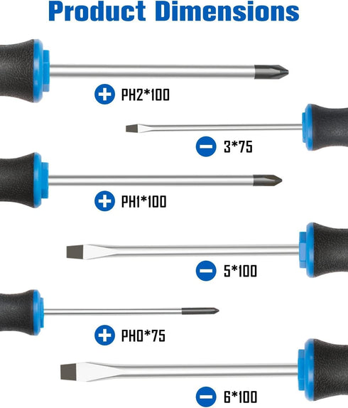 6PCS Magnetic Tip Screwdriver Set, 3 Phillips and 3 Flat, Professional Cushion Grip | 6-Piece Hand Tools Set...