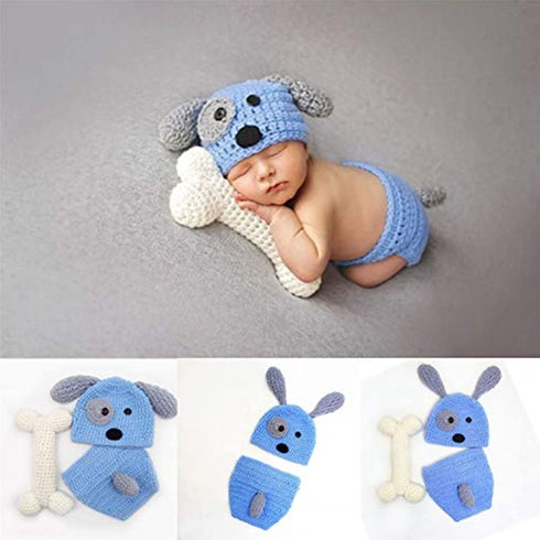 Newborn Baby Girl Boy Photo Props Outfits Crochet Knitted Blue Dog Hat Shorts with Bone Set for Boys Girls Photography Shoot (0-6 Months)...