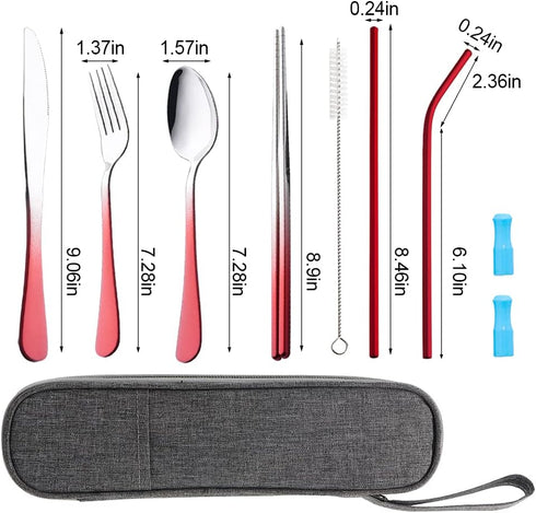Travel Utensils Set with Case Reusable Portable Cutlery Set Stainless Steel 8pcs Including Dinner Knife Fork Spoon Chopsticks straws (Gradient Red...