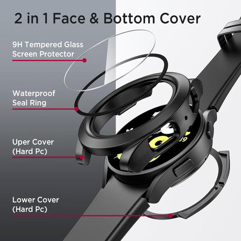 Miimall Waterproof Case for Samsung Galaxy Watch 6 40mm, Hard PC Bumper Cover with Tempered Glass Screen Protector for Galaxy Watch 6, Full Covera...