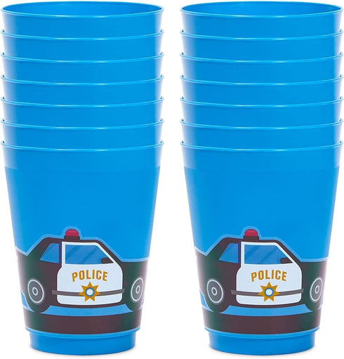 BLUE PANDA 16 Pack Plastic Police Cups for Kids, Car Party Favors for Birthday Party Supplies (16 oz)...