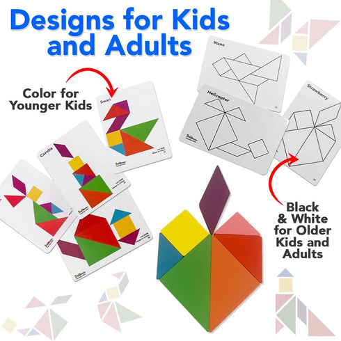 3 Bees & Me 2 Wooden Tangram Shapes Puzzle Toys with 52 Pattern Cards for Kids and Adults - Montessori Wood Toy, STEM Shape Puzzles Manipulatives ...