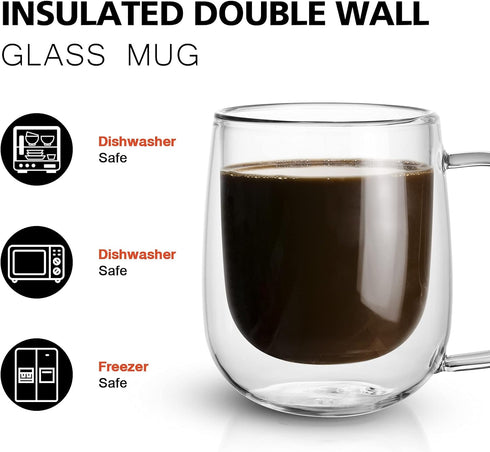 Glass Coffee Mug, 8.5 oz Double Walled Insulated Cup Heat-resistant for Tea Coffee Latte Cappuccino Espresso Iced Tea Dishwasher & Microwave Safe,...