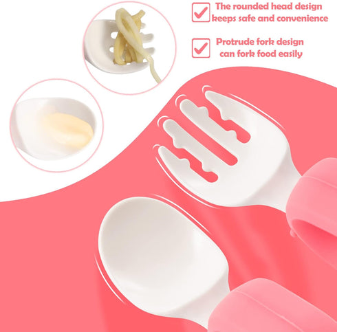 Baby Self Feeding Training Spoon and Fork Set with Travel Case, BPA-Free Cute Circle Toddler Training Utensils, Silicone/ABS Great Tableware Set S...