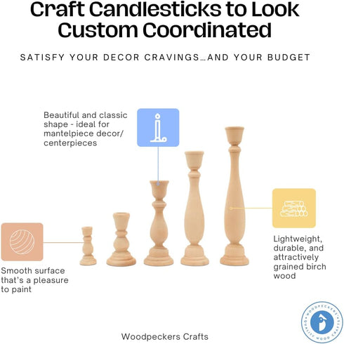 Unfinished Wood Candlestick Holders 6-3/4 inches with 7/8 inch Hole, Set of 2 Classic Craft Candlesticks to Paint or Decorate, by Woodpeckers...