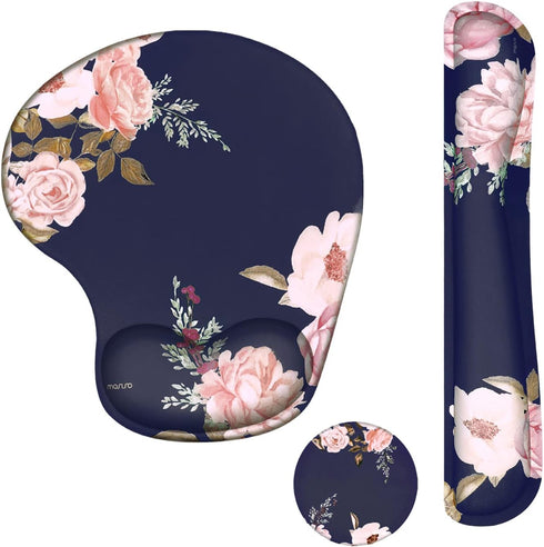 MOSISO Wrist Rest Support for Mouse Pad&Keyboard Set, Curved Peony Ergonomic Mousepad&Coaster Non-Slip Base Home/Office Pain Relief&Easy Typing Cu...