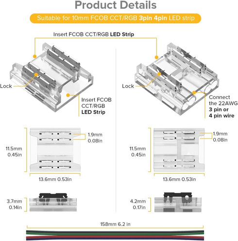 BTF-LIGHTING FCOB 4Pin 10mm 0.39in Transparent Connector Kit 30pcs Corner Connector 30pcs Gapless Solderless Connector 10pcs 5.9in Long 22AWG Exte...