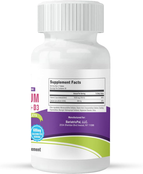 BariatricPal Easy Swallow Calcium Citrate (600mg) and D3 Coated Tablets (30-Day Supply)...