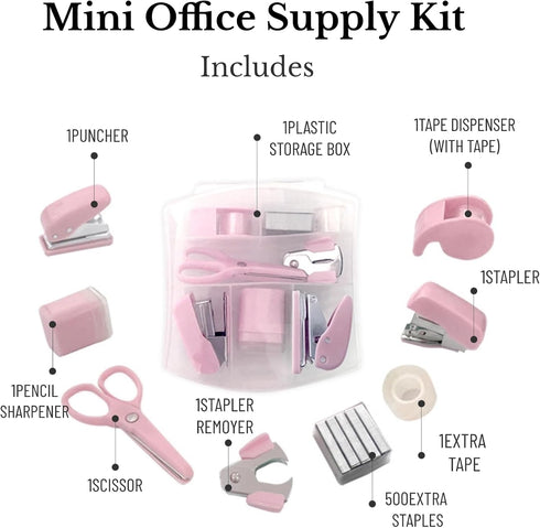 Mini Office Supply Kit Portable Case with Scissors, Mini Stapler,Tape Dispenser,Hole Puncher,Staples Mini Desktop Stapler for Office Or School Sup...