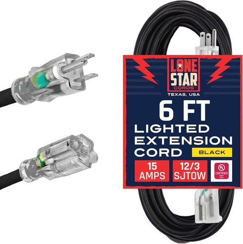Lone Star Oil Resistant 12 Gauge Extension Cord 6 Ft, 12/3 SJTOW Flame Retardant Heavy Duty Extension Cord Outdoor for Farms & Ranches, 15 AMP Pow...