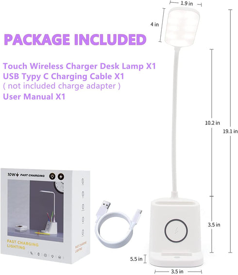 Small Desk Lamp with Wireless Charger, Desk Lights for Home Office - LED, White,Brightness Adjustment, 3 Color Modes,500LM, Study Lamp with Pen Ho...