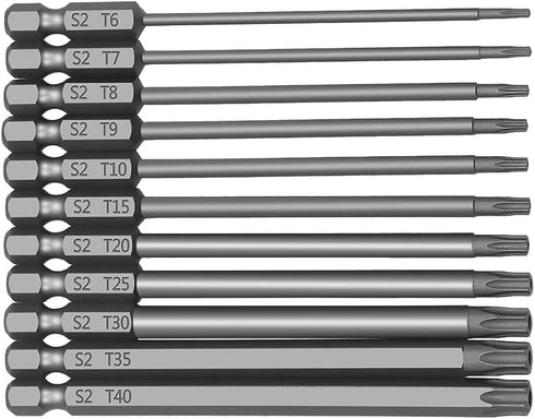 11PCS Torx Head Screwdriver Bit 1/4 inch Hex Shank S2 Steel 100mm Length Magnetic Security Screwdriver Set T6-T40 Star Screwdriver Bits Electric t...