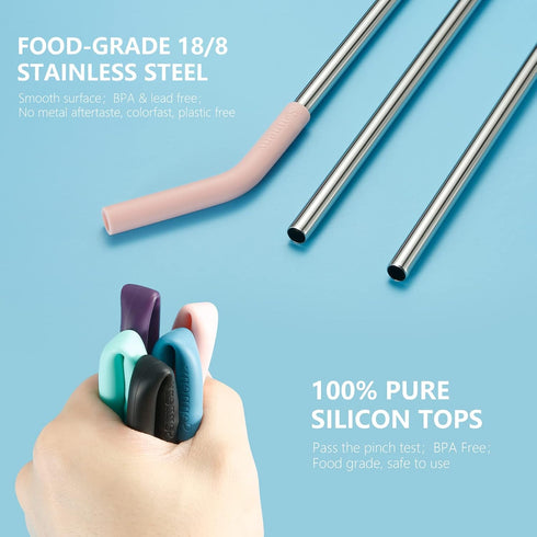 Senneny Set of 5 Stainless Steel Straws with Silicone Flex Tips Elbows Cover, 2 Cleaning Brushes and 1 Portable Bag Included (Silver)- 8mm diamete...